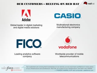OUR CUSTOMERS – RELYING ON RED HAT
Our customers are running their businesses on our service, so we must have confidence in every piece
of our infrastructure and architecture. Red Hat, as a piece of our infrastructure, has been very reliable.
— PARKER HARRIS, EVP and co-founder, salesforce.com
Global leader in digital marketing
and digital media solutions
Multinational electronics
manufacturing company
Leading analytics software
company
Worldwide provider of mobile
telecommunications
 