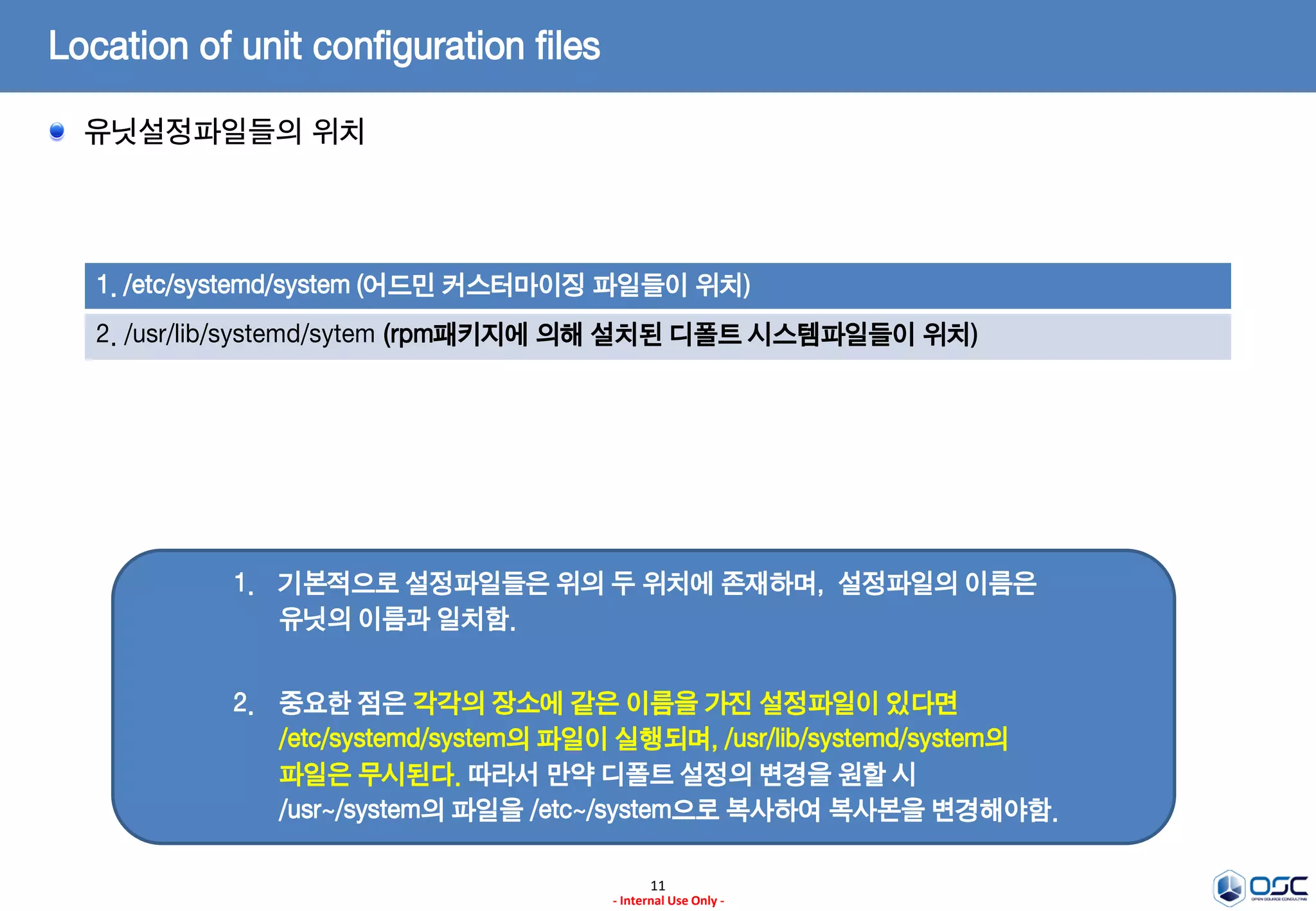 11
- Internal Use Only -
Location of unit configuration files
유닛설정파일들의 위치
1. /etc/systemd/system (어드민 커스터마이징 파일들이 위치)
2. /usr/lib/systemd/sytem (rpm패키지에 의해 설치된 디폴트 시스템파일들이 위치)
1. 기본적으로 설정파일들은 위의 두 위치에 존재하며, 설정파일의 이름은
유닛의 이름과 일치함.
2. 중요한 점은 각각의 장소에 같은 이름을 가진 설정파일이 있다면
/etc/systemd/system의 파일이 실행되며, /usr/lib/systemd/system의
파일은 무시된다. 따라서 만약 디폴트 설정의 변경을 원할 시
/usr~/system의 파일을 /etc~/system으로 복사하여 복사본을 변경해야함.
 