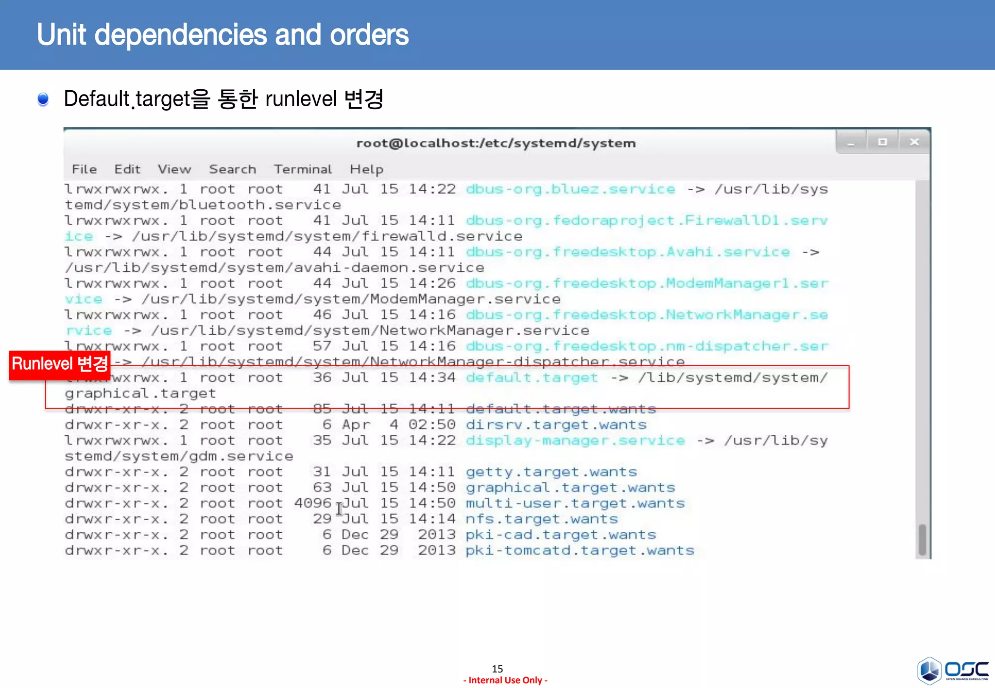 15
- Internal Use Only -
Unit dependencies and orders
Default.target을 통한 runlevel 변경
Runlevel 변경
 