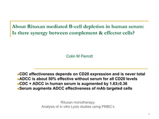 About Rituxan mediated B-cell depletion in human serum:
Is there synergy between complement & effector cells?



                             Colin M Perrott



   CDC effectiveness depends on CD20 expression and is never total
   ADCC is about 50% effective without serum for all CD20 levels
   CDC + ADCC in human serum is augmented by 1.63±0.36
   Serum augments ADCC effectiveness of mAb targeted cells


                           Rituxan monotherapy:
              Analysis of in vitro Lysis studies using PMBC’s

                                                                     1
 