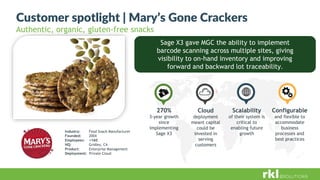 Customer spotlight | Mary’s Gone Crackers
Authentic, organic, gluten-free snacks
Sage X3 gave MGC the ability to implement
barcode scanning across multiple sites, giving
visibility to on-hand inventory and improving
forward and backward lot traceability.
Industry: Food Snack Manufacturer
Founded: 2004
Employees: >160
HQ: Gridley, CA
Product: Enterprise Management
Deployment: Private Cloud
270%
3-year growth
since
implementing
Sage X3
Scalability
of their system is
critical to
enabling future
growth
Cloud
deployment
meant capital
could be
invested in
serving
customers
Configurable
and flexible to
accommodate
business
processes and
best practices
 