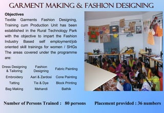 Objectives
Textile Garments Fashion Designing,
Training cum Production Unit has been
established in the Rural Technology Park
with the objective to impart the Fashion
Industry Based self employment/job
oriented skill trainings for women / SHGs
The areas covered under the programme
are:
Dress Designing
& Tailoring
Fashion
Designing
Fabric Painting
Embroidery Aari & Zardosi Cone Painting
Tatting Tie & Dye Block Printing
Bag Making Mehandi Bathik
Number of Persons Trained : 80 persons Placement provided : 36 numbers
 