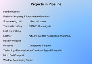 Food Industries 
Fashion Designing & Readymade Garments
Soap making unit.          Uttam Industries
Terracotta pottery CARVE, Kumariguda.
Leaf cup making        
Leather Artisans Welfare Association, Warangal.
Hosiery Products
Fisheries Gangaputra Sangam
Technology Demonstration Corridor – Seghel Foundation
Micro Boil Compost
Weather Forecasting Station
Projects in Pipeline
 