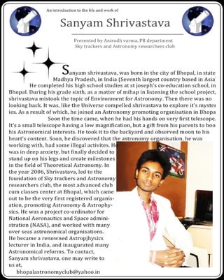 Sanyam Shrivastava, Managing director of Sky trackers and Astronomy researchers club, Bhopal