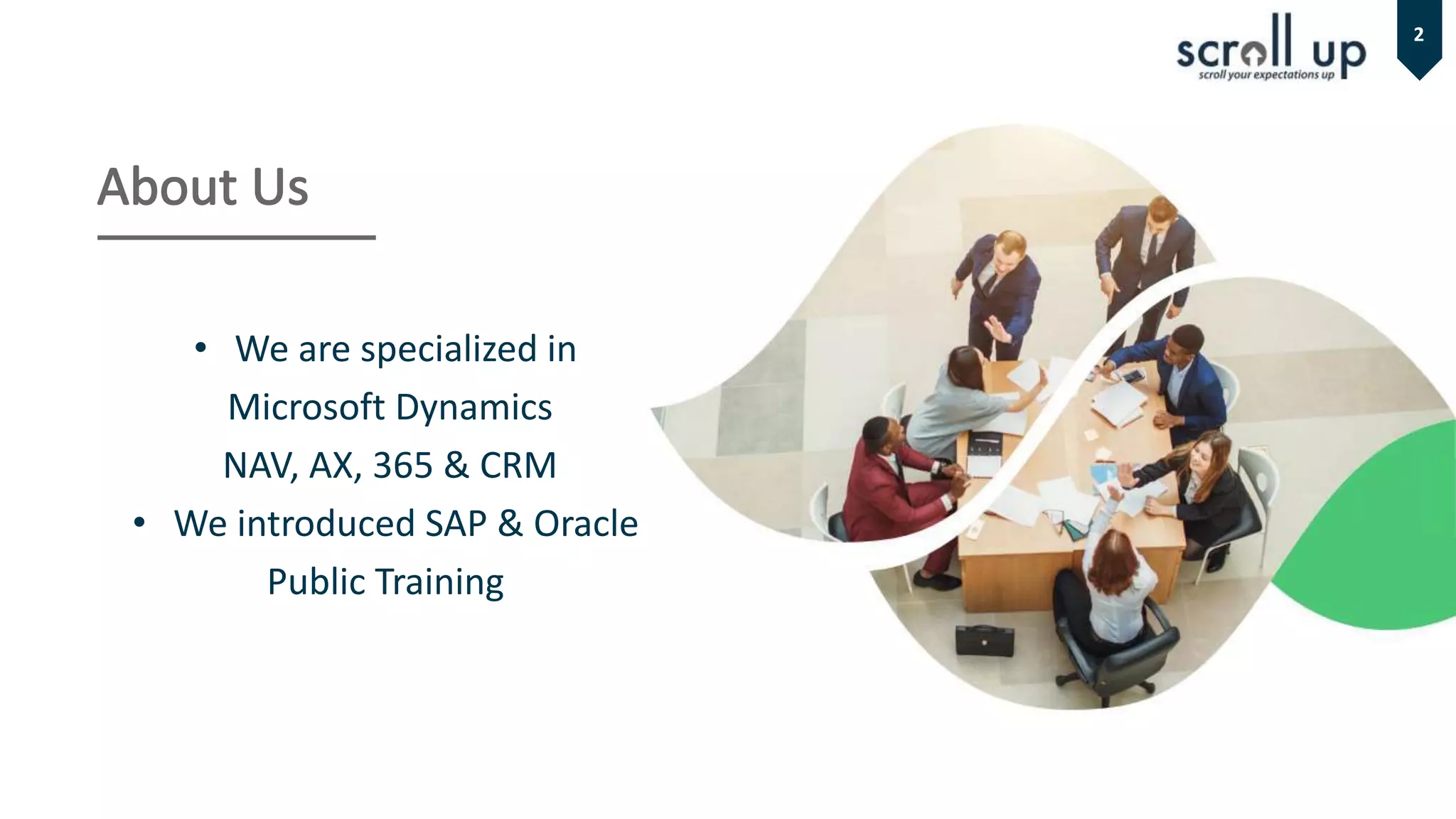 • We are specialized in
Microsoft Dynamics
NAV, AX, 365 & CRM
• We introduced SAP & Oracle
Public Training
2
 