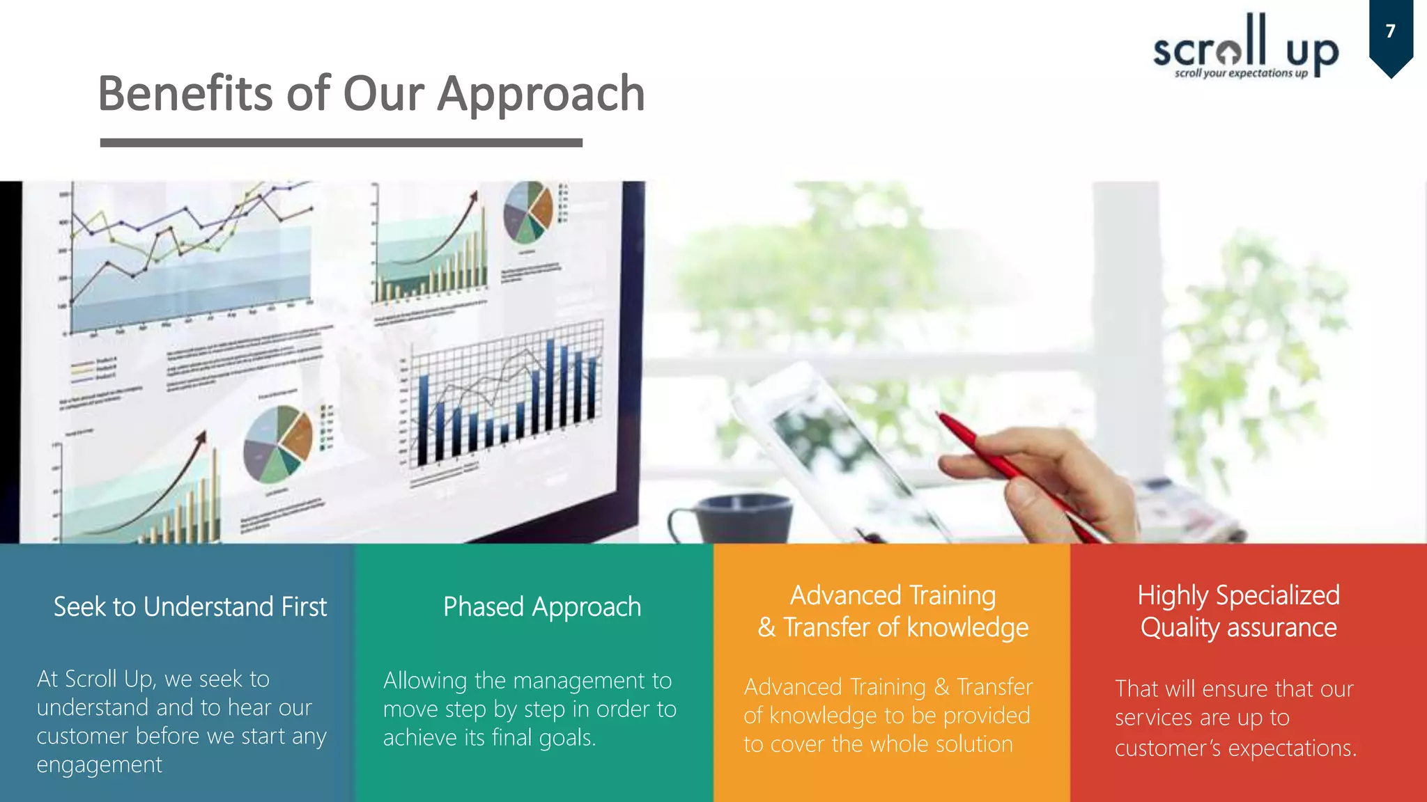 7
At Scroll Up, we seek to
understand and to hear our
customer before we start any
engagement
Allowing the management to
move step by step in order to
achieve its final goals.
Advanced Training & Transfer
of knowledge to be provided
to cover the whole solution
That will ensure that our
services are up to
customer’s expectations.
Seek to Understand First Phased Approach Advanced Training
& Transfer of knowledge
Highly Specialized
Quality assurance
 