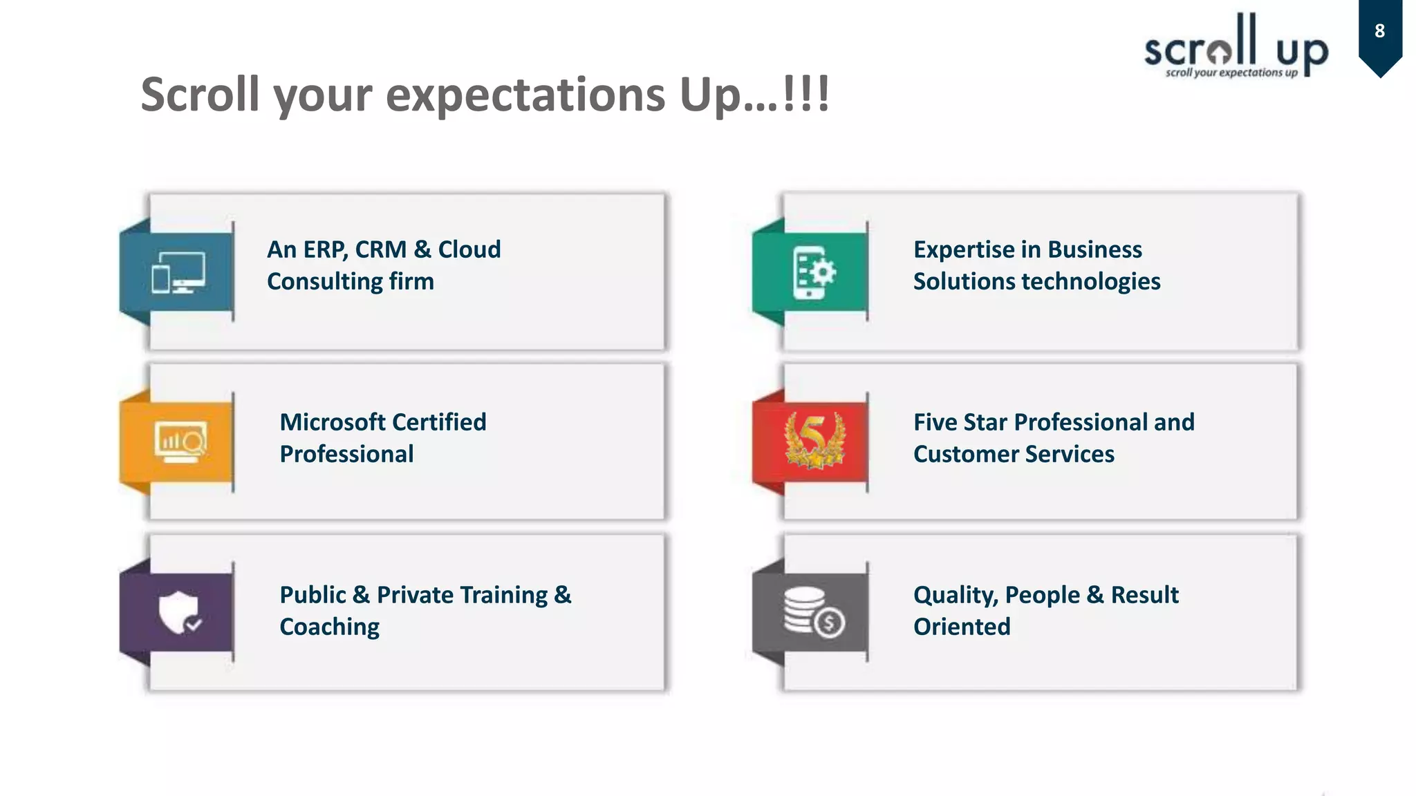 8
An ERP, CRM & Cloud
Consulting firm
Microsoft Certified
Professional
Public & Private Training &
Coaching
Expertise in Business
Solutions technologies
Five Star Professional and
Customer Services
Quality, People & Result
Oriented
Scroll your expectations Up…!!!
 