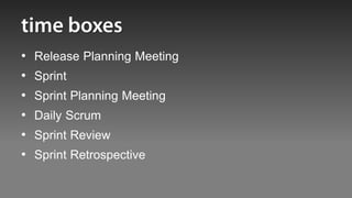 •   Release Planning Meeting
•   Sprint
•   Sprint Planning Meeting
•   Daily Scrum
•   Sprint Review
•   Sprint Retrospective
 