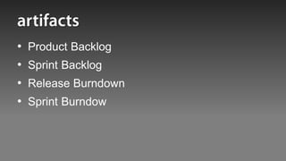 •   Product Backlog
•   Sprint Backlog
•   Release Burndown
•   Sprint Burndow
 