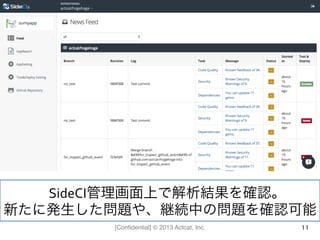 [Conﬁdential] © 2013 Actcat, Inc. 11
SideCI管理画面上で解析結果を確認。	
  
新たに発生した問題や、継続中の問題を確認可能	
  
 