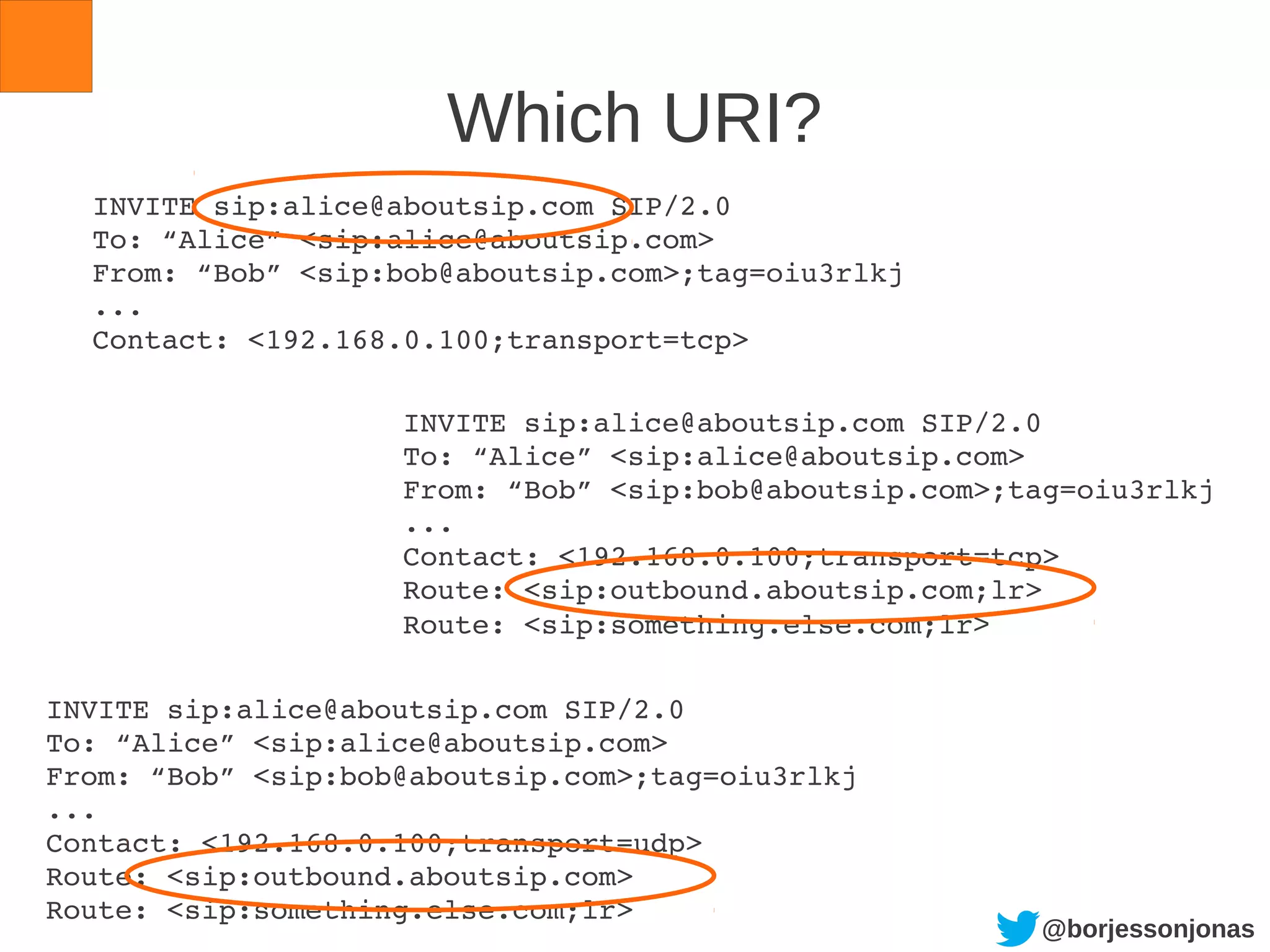@borjessonjonas
Which URI?
INVITE sip:alice@aboutsip.com SIP/2.0
To: “Alice” <sip:alice@aboutsip.com>
From: “Bob” <sip:bob@aboutsip.com>;tag=oiu3rlkj
...
Contact: <192.168.0.100;transport=tcp>
INVITE sip:alice@aboutsip.com SIP/2.0
To: “Alice” <sip:alice@aboutsip.com>
From: “Bob” <sip:bob@aboutsip.com>;tag=oiu3rlkj
...
Contact: <192.168.0.100;transport=tcp>
Route: <sip:outbound.aboutsip.com;lr>
Route: <sip:something.else.com;lr>
INVITE sip:alice@aboutsip.com SIP/2.0
To: “Alice” <sip:alice@aboutsip.com>
From: “Bob” <sip:bob@aboutsip.com>;tag=oiu3rlkj
...
Contact: <192.168.0.100;transport=udp>
Route: <sip:outbound.aboutsip.com>
Route: <sip:something.else.com;lr>
 