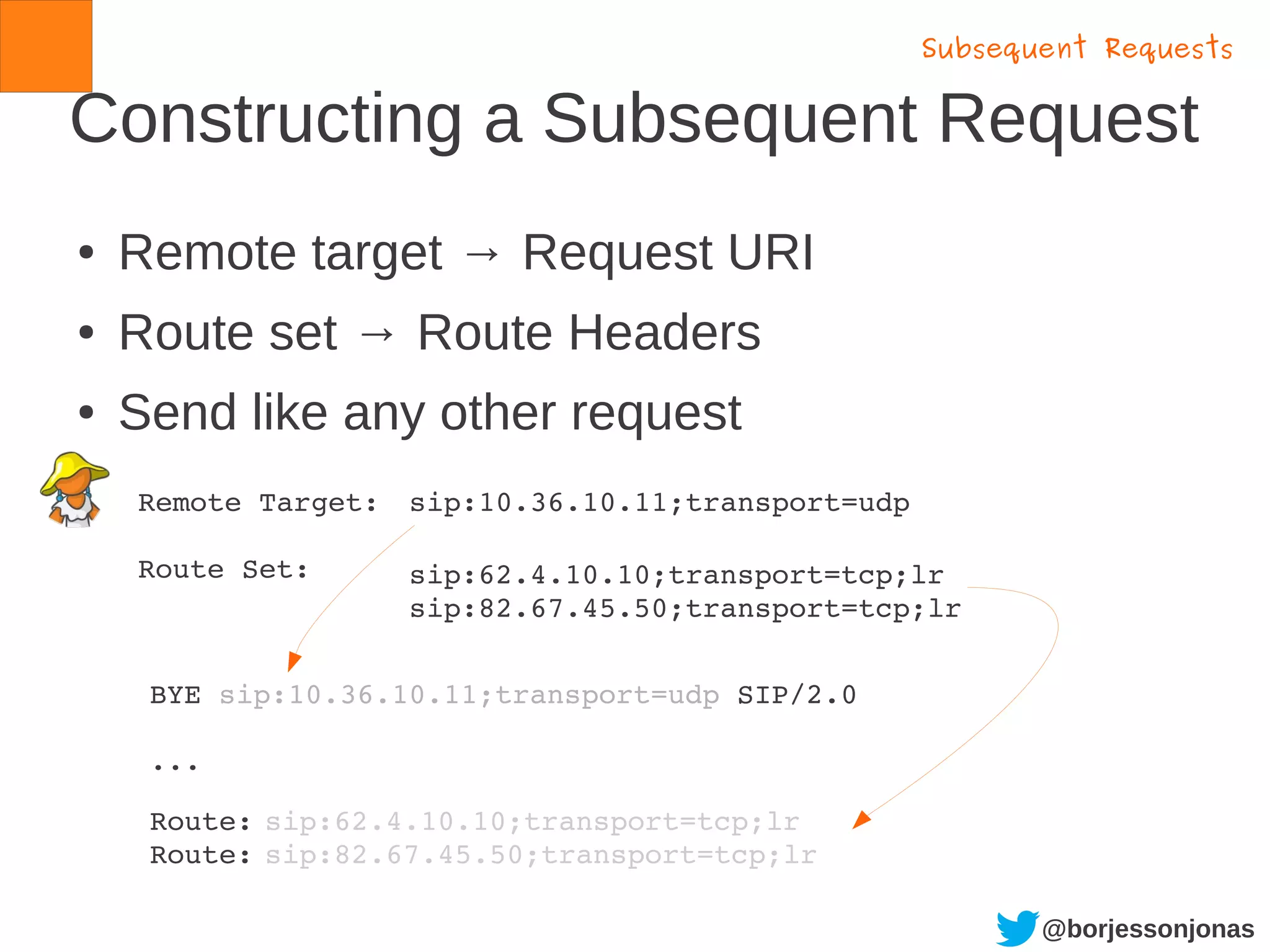 @borjessonjonas
Constructing a Subsequent Request
● Remote target → Request URI
● Route set → Route Headers
● Send like any other request
Subsequent Requests
Remote Target: 
Route Set:
sip:10.36.10.11;transport=udp
sip:62.4.10.10;transport=tcp;lr
sip:82.67.45.50;transport=tcp;lr
BYE                               SIP/2.0
...
Route:
Route:
sip:10.36.10.11;transport=udp
sip:62.4.10.10;transport=tcp;lr
sip:82.67.45.50;transport=tcp;lr
 