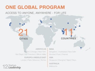 21CITIES
11COUNTRIES
ONE GLOBAL PROGRAM
ACCESS TO ANYONE, ANYWHERE - FOR LIFE
AMERICAS
Boston | Chicago | New York
San Diego | San Francisco | Silicon Valley
INDIA
Bangalore | Hyderabad | New Delhi
Mumbai | Pune | Chennai
AUSTRALIA
Melbourne
EUROPE & MIDDLE EAST
London | Paris | Moscow | Tel Aviv
ASIA
Singapore | Shanghai | Taipei | Tokyo
12
 