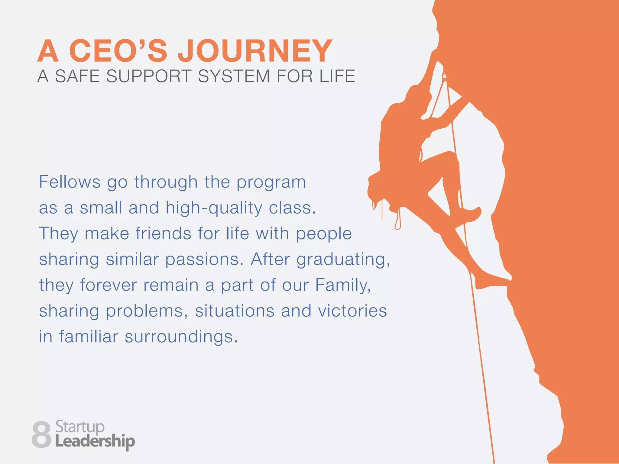 A CEO’S JOURNEY
A SAFE SUPPORT SYSTEM FOR LIFE
Fellows go through the program
as a small and high-quality class.
They make friends for life with people
sharing similar passions. After graduating,
they forever remain a part of our Family,
sharing problems, situations and victories
in familiar surroundings.
8
 