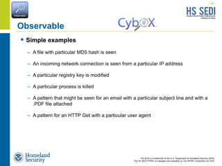 HS SEDI is a trademark of the U.S. Department of Homeland Security (DHS)
The HS SEDI FFRDC is managed and operated by The MITRE Corporation for DHS
| 15 |
Observable
 Simple examples
– A file with particular MD5 hash is seen
– An incoming network connection is seen from a particular IP address
– A particular registry key is modified
– A particular process is killed
– A pattern that might be seen for an email with a particular subject line and with a
.PDF file attached
– A pattern for an HTTP Get with a particular user agent
 
