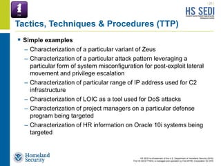 HS SEDI is a trademark of the U.S. Department of Homeland Security (DHS)
The HS SEDI FFRDC is managed and operated by The MITRE Corporation for DHS
 Simple examples
– Characterization of a particular variant of Zeus
– Characterization of a particular attack pattern leveraging a
particular form of system misconfiguration for post-exploit lateral
movement and privilege escalation
– Characterization of particular range of IP address used for C2
infrastructure
– Characterization of LOIC as a tool used for DoS attacks
– Characterization of project managers on a particular defense
program being targeted
– Characterization of HR information on Oracle 10i systems being
targeted
| 21 |
Tactics, Techniques & Procedures (TTP)
 