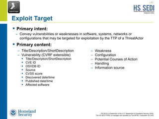 HS SEDI is a trademark of the U.S. Department of Homeland Security (DHS)
The HS SEDI FFRDC is managed and operated by The MITRE Corporation for DHS
 Primary intent:
 Primary content:
– Title/Description/ShortDescription
– Vulnerability (CVRF extensible)
 Title/Description/ShortDescription
 CVE ID
 OSVDB ID
 Source
 CVSS score
 Discovered date/time
 Published date/time
 Affected software
| 22 |
Exploit Target
– Weakness
– Configuration
– Potential Courses of Action
– Handling
– Information source
– Convey vulnerabilities or weaknesses in software, systems, networks or
configurations that may be targeted for exploitation by the TTP of a ThreatActor
 