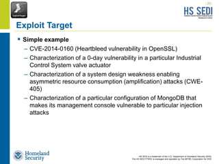 HS SEDI is a trademark of the U.S. Department of Homeland Security (DHS)
The HS SEDI FFRDC is managed and operated by The MITRE Corporation for DHS
 Simple example
– CVE-2014-0160 (Heartbleed vulnerability in OpenSSL)
– Characterization of a 0-day vulnerability in a particular Industrial
Control System valve actuator
– Characterization of a system design weakness enabling
asymmetric resource consumption (amplification) attacks (CWE-
405)
– Characterization of a particular configuration of MongoDB that
makes its management console vulnerable to particular injection
attacks
| 23 |
Exploit Target
 