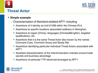 HS SEDI is a trademark of the U.S. Department of Homeland Security (DHS)
The HS SEDI FFRDC is managed and operated by The MITRE Corporation for DHS
 Simple example
– Characterization of Mandiant-dubbed APT1 including
 Assertions of it identity as Unit 61398 within the Chinese PLA
 Assertions to specific locations associated (address in Shanghai)
 Assertions to region (China), languages (Chinese&English), targeted
qualifications, etc.
 Assertions that it is the same Threat Actor also known by the names
Comment Crew, Comment Group and Shady Rat
 Assertions identifying particular individual Threat Actors associated with
APT1
 Asserted characterization of the intent/motivation oriented around trade
secrets and business advantage
 Assertions of particular TTP observed leveraged by APT1
| 27 |
Threat Actor
 