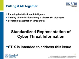 HS SEDI is a trademark of the U.S. Department of Homeland Security (DHS)
The HS SEDI FFRDC is managed and operated by The MITRE Corporation for DHS
Pulling it All Together
 Pursuing holistic threat intelligence
 Sharing of information among a diverse set of players
 Leveraging automation throughout
Standardized Representation of
Cyber Threat Information
STIX is intended to address this issue
| 7 |
 