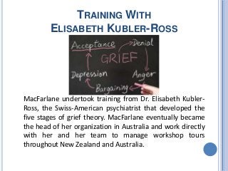 TRAINING WITH
ELISABETH KUBLER-ROSS
MacFarlane undertook training from Dr. Elisabeth Kubler-
Ross, the Swiss-American psychiatrist that developed the
five stages of grief theory. MacFarlane eventually became
the head of her organization in Australia and work directly
with her and her team to manage workshop tours
throughout New Zealand and Australia.
 