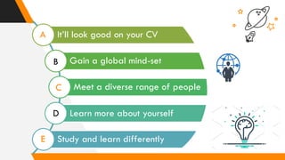 It’ll look good on your CV
Gain a global mind-set
Meet a diverse range of people
Learn more about yourself
Study and learn differently
A
B
C
D
E
 