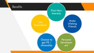 Benefits
21
Find New
Interests
Make
Lifelong
Friends
Personal
Developm
ent
Chance to
get PR /
citizenship
Life
Experience
 