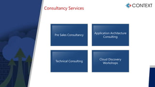 Consultancy Services
Pre Sales Consultancy
Application Architecture
Consulting
Technical Consulting
Cloud Discovery
Worksh...