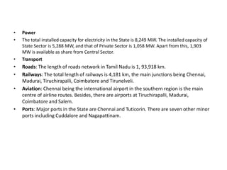 • Power
• The total installed capacity for electricity in the State is 8,249 MW. The installed capacity of
State Sector is 5,288 MW, and that of Private Sector is 1,058 MW. Apart from this, 1,903
MW is available as share from Central Sector.
• Transport
• Roads: The length of roads network in Tamil Nadu is 1, 93,918 km.
• Railways: The total length of railways is 4,181 km, the main junctions being Chennai,
Madurai, Tiruchirapalli, Coimbatore and Tirunelveli.
• Aviation: Chennai being the international airport in the southern region is the main
centre of airline routes. Besides, there are airports at Tiruchirapalli, Madurai,
Coimbatore and Salem.
• Ports: Major ports in the State are Chennai and Tuticorin. There are seven other minor
ports including Cuddalore and Nagapattinam.
 