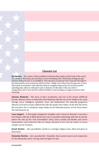 American Novel
Character List
Jim Burden - The author of the youthful recollection that makes up the body of the novel.
As a youth in Nebraska, Jim develops a close friendship with a Bohemian immigrant girl,
Ántonia Shimerda. Jim is an intelligent, introspective young man who responds strongly to
the land and the environment in which he lives. Unlike most other boys his age, Jim is more
interested in academics and reflection than in roughhousing; in fact, he seems to prefer
spending time alone or with girls such as Ántonia. At the time of the narrative’s
composition, Jim is married, but without children, and working as a legal counsel in New
York City.
Ántonia Shimerda - The focus of Jim’s recollection, and one of his closest childhood
friends. Ántonia moves to Nebraska from Bohemia with the rest of her family in her early
teenage years. Intelligent, optimistic, loyal, and kindhearted, the naturally gregarious
Ántonia is forced to accept a difficult life after the death of her father. At the time Jim writes
the narrative, she is raising her large family on the Nebraska prairie, not far from where
she and Jim grew up.
Lena Lingard - A Norwegian immigrant’s daughter and a friend of Ántonia’s. Lena has a
brief liaison with Jim in Black Hawk and a more extended relationship with him in Lincoln,
where she sets up her own dressmaker’s shop. Lena is pretty and blonde, and craves
independence and excitement. Men are always attracted to her, but she refuses to marry
and give up her freedom.
Josiah Burden - Jim’s grandfather. Josiah is a strongly religious man, silent and given to
hard work.
Emmaline Burden - Jim’s grandmother. Emmaline shows great concern and compassion
for the Shimerdas and is a loving maternal figure for Jim.
 