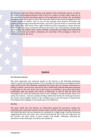 American Novel
My Ántonia evokes the living conditions and mindset of the nineteenth century, as well as
the simple, hardworking, homespun ethic of that era’s settlers, an ethic Cather approves of
strongly even if she does not always approve of its application, for instance, the -prejudicial
treatment of the hired girls in town. The novel also explores the social assumptions of the
frontier people on matters such as race (in the passage about Samson d’Arnault) and
gender (in the passages about the hired girls, and in Jim’s general desire to spend time with
girls rather than with boys). These rigid traditional social assumptions require that Jim
learn to fight and swear so that he will seem more like a boy. Nevertheless, despite their
shortcomings, the settlers share values of family, community, and religion that make Black
Hawk a close-knit and positive community, not unworthy of the nostalgia in which it is
bathed throughout the novel.
Symbols
The Nebraska Landscape
The most important and universal symbol in My Ántonia is the Nebraska landscape.
Cather’s poetic and moving depiction of it is perhaps the most famous and highly praised
aspect of the novel. The landscape symbolizes the larger idea of a human environment, a
setting in which a person lives and moves. Jim’s relationship with the Nebraska landscape
is important on its own terms, but it also comes to symbolize a great deal about Jim’s
relationship with the people and culture of Nebraska, as well as with his inner self.
Throughout the novel, the landscape mirrors Jim’s feelings—it looks desolate when he is
lonely, for instance—and also awakens feelings within him. Finally, the landscape becomes
the novel’s most tangible symbol of the vanished past, as Jim, the lawyer in distant New
York, thinks back longingly on the landscape of his childhood.
The Plow
The plow, which Jim and Ántonia see silhouetted against the enormous setting sun,
symbolizes the connection between human culture and the natural landscape. As the sun
sets behind the plow, the two elements are combined in a single image of perfect harmony,
suggesting that man and nature also coexist harmoniously. But as the sun sinks lower on
the horizon, the plow seems to grow smaller and smaller, ultimately reflecting the
dominance of the landscape over those who inhabit it.
 