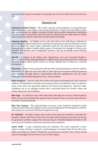 American Novel
her side until she is gone. He attempts to say goodbye but cannot. He walks back to his hotel in the
rain
Character List
Lieutenant Frederic Henry - The novel’s narrator and protagonist. A young American
ambulance driver in the Italian army during World War I, Henry meets his military duties
with quiet stoicism. He displays courage in battle, but his selfless motivations undermine
all sense of glory and heroism, abstract terms for which Henry has little patience. His life
lacks real passion until he meets the beautiful Catherine Barkley.
Catherine Barkley - An English nurse’s aide who falls in love with Henry. Catherine is
exceptionally beautiful and possesses, perhaps, the most sensuously described hair in all of
literature. When the novel opens, Catherine’s grief for her dead fiancé launches her
headlong into a playful, though reckless, game of seduction. Her feelings for Henry soon
intensify and become more complicated, however, and she eventually swears lifelong
fidelity to him.
Rinaldi - A surgeon in the Italian army. Mischievous, wry, and oversexed, Rinaldi is
Henry’s closest friend. Although Rinaldi is a skilled doctor, his primary practice is seducing
beautiful women. When Henry returns to Gorizia, Rinaldi tries to whip up a convivial
atmosphere.
The priest - A kind, sweet, young man who provides spiritual guidance to the few soldiers
interested in it. Often the butt of the officers’ jokes, the priest responds with good-natured
understanding. Through Henry’s conversations with him regarding the war, the novel
challenges abstract ideals like glory, honor, and sacredness.
Helen Ferguson - A nurse’s aide who works at the American hospital and a dear friend of
Catherine. Though Helen is friendly and accepting of Henry and Rinaldi’s visits to Catherine
early in the novel, her hysterical outburst over Henry and Catherine’s “immoral” affair
establishes her as an unhappy woman who is paranoid about her friend’s safety and
anxious about her own loneliness.
Miss Gage - An American nurse who helps Henry through his recovery at the hospital in
Milan. At ease and accepting, Miss Gage becomes a friend to Henry, someone with whom he
can share a drink and gossip.
Miss Van Campen - The superintendent of nurses at the American hospital in which
Catherine works. Miss Van Campen is strict, cold, and unpleasant. She disapproves of Henry
and remains on cool terms with him throughout his stay.
Dr. Valentini - An Italian surgeon who comes to the American hospital to contradict the
hospital’s opinion that Henry must wait six months before having an operation on his leg.
In agreeing to perform surgery the next morning, Dr. Valentini displays the kind of self-
assurance and confidence that Henry (and the novel) celebrates.
Count Greffi - A spry, ninety-four-year-old nobleman. The count represents a more
mature version of Henry’s character and Hemingway’s masculine ideal. He lives life to the
fullest and thinks for himself. Though the count dismisses the label “wise,” Henry clearly
values his thoughts and sees him as a sort of father figure.
 