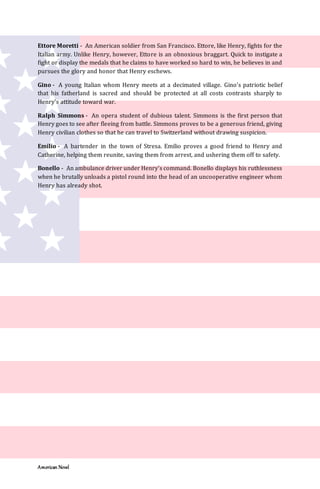 American Novel
Ettore Moretti - An American soldier from San Francisco. Ettore, like Henry, fights for the
Italian army. Unlike Henry, however, Ettore is an obnoxious braggart. Quick to instigate a
fight or display the medals that he claims to have worked so hard to win, he believes in and
pursues the glory and honor that Henry eschews.
Gino - A young Italian whom Henry meets at a decimated village. Gino’s patriotic belief
that his fatherland is sacred and should be protected at all costs contrasts sharply to
Henry’s attitude toward war.
Ralph Simmons - An opera student of dubious talent. Simmons is the first person that
Henry goes to see after fleeing from battle. Simmons proves to be a generous friend, giving
Henry civilian clothes so that he can travel to Switzerland without drawing suspicion.
Emilio - A bartender in the town of Stresa. Emilio proves a good friend to Henry and
Catherine, helping them reunite, saving them from arrest, and ushering them off to safety.
Bonello - An ambulance driver under Henry’s command. Bonello displays his ruthlessness
when he brutally unloads a pistol round into the head of an uncooperative engineer whom
Henry has already shot.
 