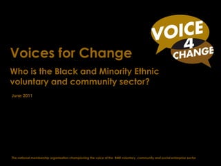 The national membership organisation championing the voice of the  BME voluntary, community and social enterprise sector Voices for Change Who is the Black and Minority Ethnic voluntary and community sector? June 2011 