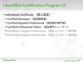 15
LibreOffe Kaigi 201815 䐀
LibreOffe Certiffation Program (3)
Individual Certiffate （個人認定）
Certifed Developer （認定開発者）
Certifed Migration Professional （認定移行専門家）
Certifed Professional Trainer （認定専門トレーナー）
Certifed L1 Support Professional （認定 L1 サポート専門家）
Certifed L2 Support Professional （認定 L2 サポート専門家）
 