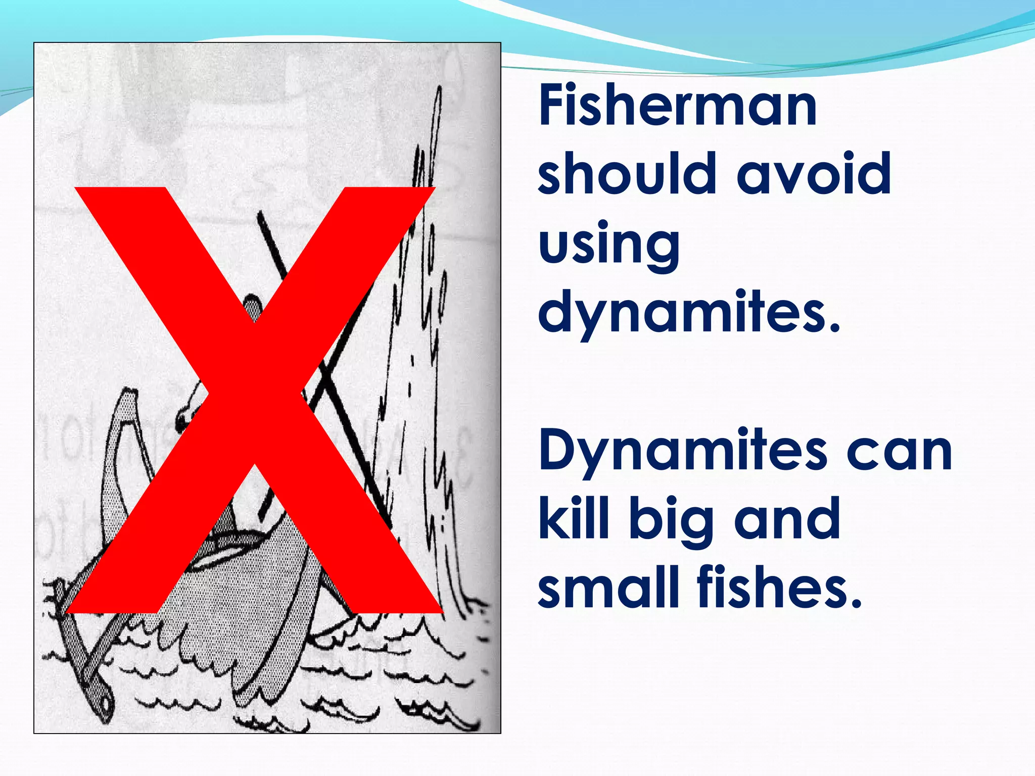 Fisherman
should avoid
using
dynamites.
Dynamites can
kill big and
small fishes.X
 