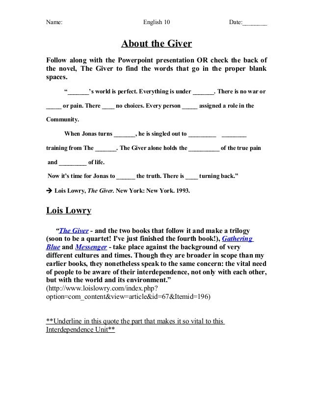 About Lois Lowry S The Giver Pre Reading Handout