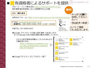 11Copyright© 2017 Grooowth Inc. All rights reserved.
グロース・インク株式会社 https://www.grooowth.co.jp/
東京都新宿区西新宿1-26-2 新宿野村ビル24階
担当: 澤井 貞夫
お問合せフォーム: https://www.gxp-group.co.jp/contact/input/gri
E-Mail: toiawase@grooowth.co.jp
※直通TEL: 080-8095-4486 (平日 11:00～19:00)
代表TEL: 03-5990-5437
■Google アナリティクス個人認定資格（GAIQ）及び
全てのGoogle 広告の認定資格(6種)を取得しています。
これらの認定資格証明書は こちらのURLから
ご確認頂けます。
■Googleアナリティクス アカデミー修了
■ 有資格者によるサポートを提供
無料
https://skillshop.exceedlms.com
/profiles/a48f6d94fe7c4d209b3
8bbcfb718a0d4
(資格名をクリックしてください。)
・やっぱり口頭で
説明してもらい
たい！
・ウェビナー希望！
という ご要望
にも お応えします。
気軽に
メール
お電話
ください。
丁寧な対応を
心がけています。
 