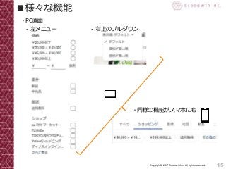 15Copyright© 2017 Grooowth Inc. All rights reserved.
■様々な機能
- 左メニュー - 右上のプルダウン
・同様の機能がスマホにも
・PC画面
 