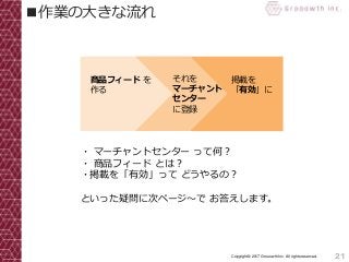 21Copyright© 2017 Grooowth Inc. All rights reserved.
■作業の大きな流れ
商品フィード を
作る
それを
マーチャント
センター
に登録
掲載を
「有効」に
・ マーチャントセンター って何？
・ 商品フィード とは？
・掲載を「有効」って どうやるの？
といった疑問に次ページ～で お答えします。
 