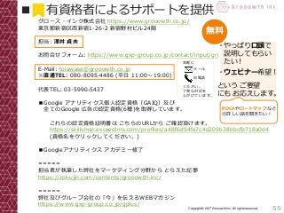 55Copyright© 2017 Grooowth Inc. All rights reserved.
グロース・インク株式会社 https://www.grooowth.co.jp/
東京都新宿区西新宿1-26-2 新宿野村ビル24階
担当: 澤井 貞夫
お問合せフォーム: https://www.gxp-group.co.jp/contact/input/gri
E-Mail: toiawase@grooowth.co.jp
※直通TEL: 080-8095-4486 (平日 11:00～19:00)
代表TEL: 03-5990-5437
■Google アナリティクス個人認定資格（GAIQ）及び
全てのGoogle 広告の認定資格(6種)を取得しています。
これらの認定資格証明書は こちらのURLから ご確認頂けます。
https://skillshop.exceedlms.com/profiles/a48f6d94fe7c4d209b38bbcfb718a0d4
(資格名をクリックしてください。)
■Googleアナリティクス アカデミー修了
=====
担当者が執筆した弊社をマーケティング分野から とらえた記事
https://zokujin.com/contents/grooowth-inc/
=====
弊社及びグループ会社の「今」を伝えるWEBマガジン
https://www.gxp-group.co.jp/gplus/
■ 有資格者によるサポートを提供
・やっぱり口頭で
説明してもらい
たい！
・ウェビナー希望！
という ご要望
にも お応えします。
無料
PDCAやロードマップなど
の詳しい話を聞きたい！
気軽に
メール
お電話
ください。
丁寧な対応を
心がけています。
 