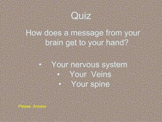 Quiz How does a message from your brain get to your hand?  Your nervous system  Your  Veins Your spine Please  Answer 