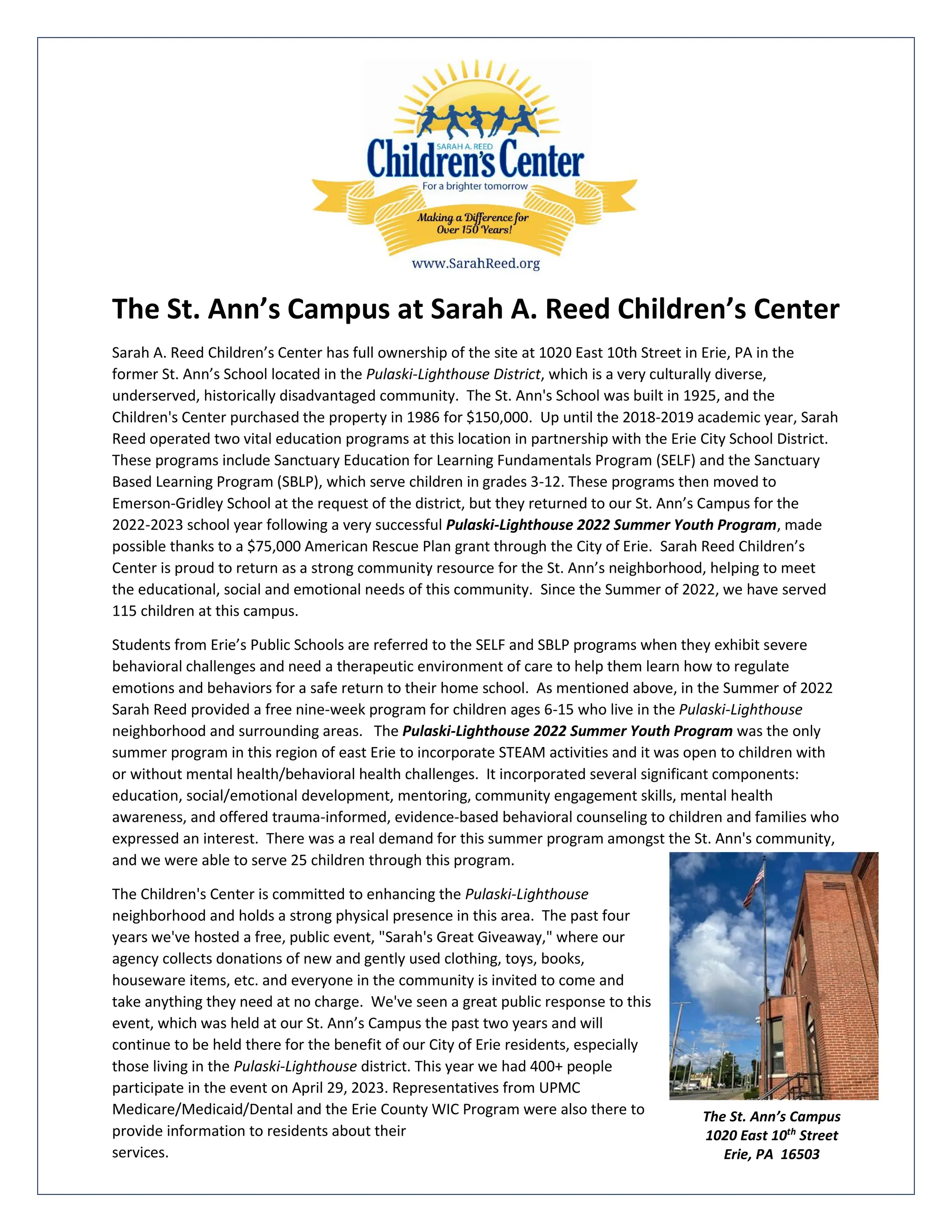About the St. Ann's Campus Erie PA Sarah Reed Children's Center PDF