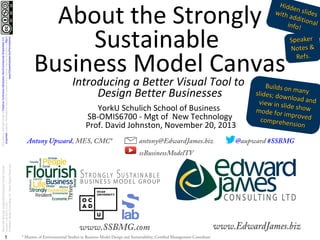 AbouttheStronglySustainableBusinessModelCanvas
Version1.022013-11-20
©EdwardJamesConsultingLtd.SomeRightsReserved.
1
www.SSBMG.com
ThisworkislicensedunderaCreativeCommonsAttribution-NonCommercial-ShareAlike3.0
UnportedLicense.Permissionsbeyondthescopeofthislicensemaybeavailableathttp://
www.EdwardJames.biz/Permissions
Antony Upward, MES, CMC* antony@EdwardJames.biz @aupward #SSBMG
ssBusinessModelTV
* Masters of Environmental Studies in Business Model Design and Sustainability; Certified Management Consultant
About the Strongly
Sustainable
Business Model Canvas
Introducing a Better Visual Tool to
Design Better Businesses
YorkU Schulich School of Business
SB-OMIS6700 - Mgt of New Technology
Prof. David Johnston, November 20, 2013
Builds on many
Builds on manyslides; download and
slides; download andview in slide show
view in slide showmode for improved
mode for improvedcomprehension
comprehension
Hidden slides
Hidden slideswith additional
with additionalinfo!info!
SpeakerSpeaker
Notes &Notes &
Refs.Refs.
 