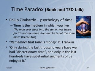 Time Paradox (Book and TED talk)
• Philip Zimbardo – psychology of time
– Time is the medium in which you live
“No man ever steps into the same river twice,
for it’s not the same river and he is not the same
man” (Heraclitus)
• “Remember that time is money” B. Franklin
• ‘Only during the last thousand years have we
had “discretionary time”, and only in the last
hundreds have substantial segments of us
enjoyed it.’
11/17/15 http://is.gd/Abouttime 101
 
