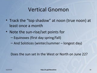 Vertical Gnomon
• Track the “top shadow” at noon (true noon) at
least once a month
• Note the sun-rise/set points for
– Equinoxes (first day spring/fall)
– And Solstices (winter/summer – longest day)
Does the sun set In the West or North on June 22?
11/17/15 http://is.gd/Abouttime 19
 