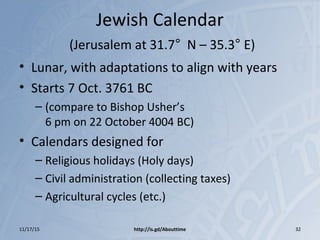 Jewish Calendar
(Jerusalem at 31.7° N – 35.3° E)
• Lunar, with adaptations to align with years
• Starts 7 Oct. 3761 BC
– (compare to Bishop Usher’s
6 pm on 22 October 4004 BC)
• Calendars designed for
– Religious holidays (Holy days)
– Civil administration (collecting taxes)
– Agricultural cycles (etc.)
11/17/15 http://is.gd/Abouttime 32
 
