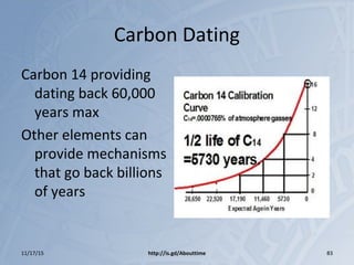 Carbon Dating
Carbon 14 providing
dating back 60,000
years max
Other elements can
provide mechanisms
that go back billions
of years
11/17/15 http://is.gd/Abouttime 83
 