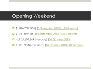 Opening Weekend
 $1,076,250 (USA) (3 November 2013) (175 Screens)
 £1,761,079 (UK) (8 September 2013) (556 Screens)
 HUF 21,607,349 (Hungary) (20 October 2013)
 €192,172 (Netherlands) (13 October 2013) (81 Screens)
 
