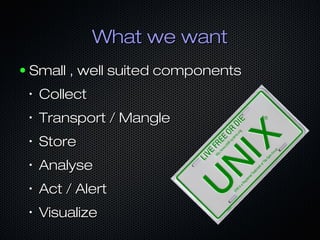 What we wantWhat we want
● Small , well suited componentsSmall , well suited components
•
CollectCollect
•
Transport / MangleTransport / Mangle
•
StoreStore
•
AnalyseAnalyse
•
Act / AlertAct / Alert
•
VisualizeVisualize
 